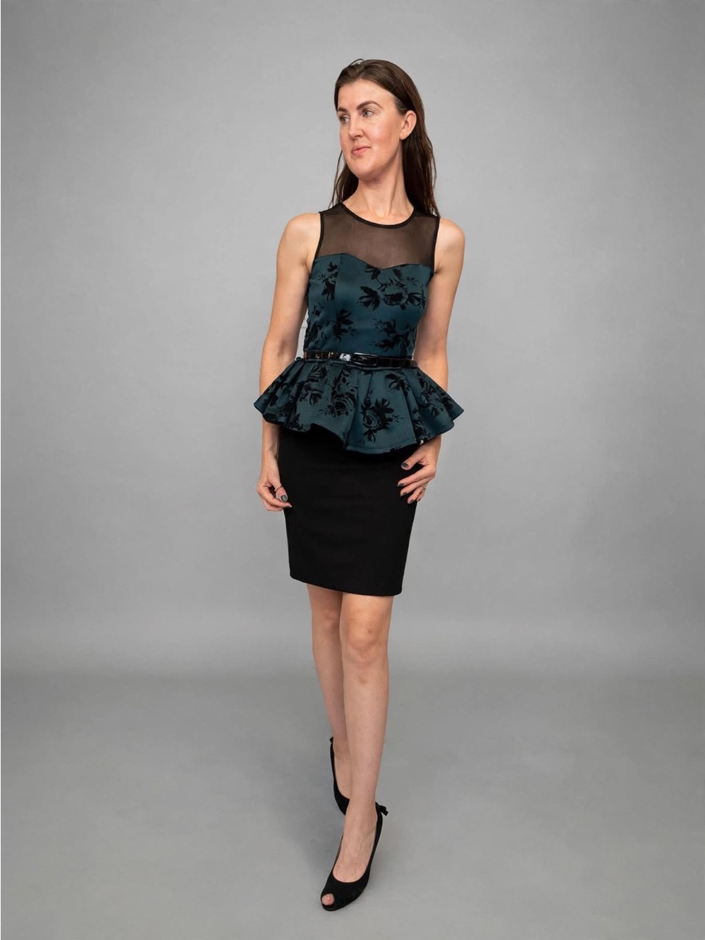 Sleeveless Teal Floral Peplum Tank Top with Sheer Yoke